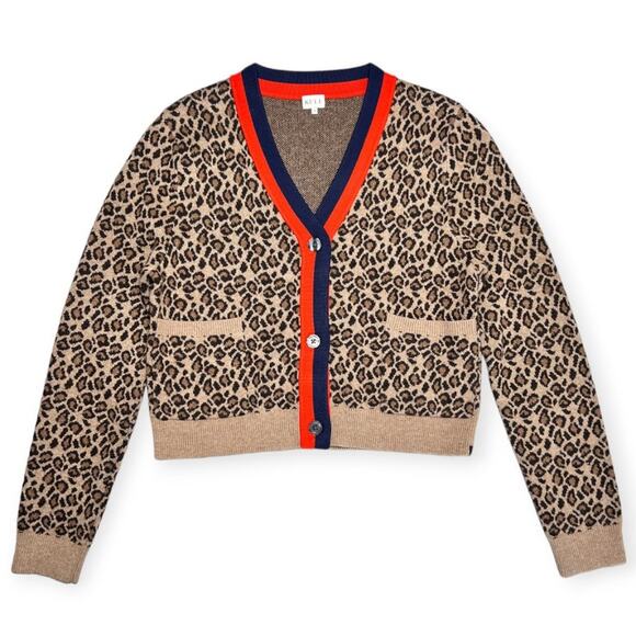 KULE Milo Leopard Cardigan Sweater SIZE XS Lambswool Cashmere Blend Tan Red - Picture 3 of 12